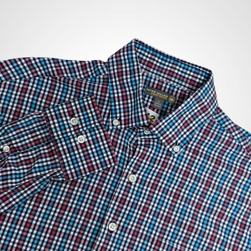 Peter Millar Summer Comfort Button Up Shirt Large Pink Blue White Tartan WornOnc